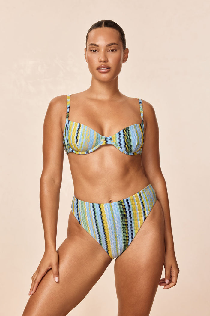Front view of Capri top in Sardinia Stripe Azure showing underwire cups, adjustable straps and striped textured knit