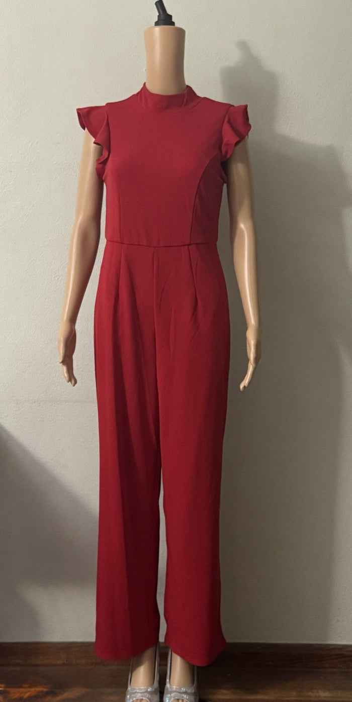 Francesca's Blue Rain Red Mock Neck Ruffle Jumpsuit Small Flaw
