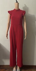 Francesca's Blue Rain Red Mock Neck Ruffle Jumpsuit Small Flaw