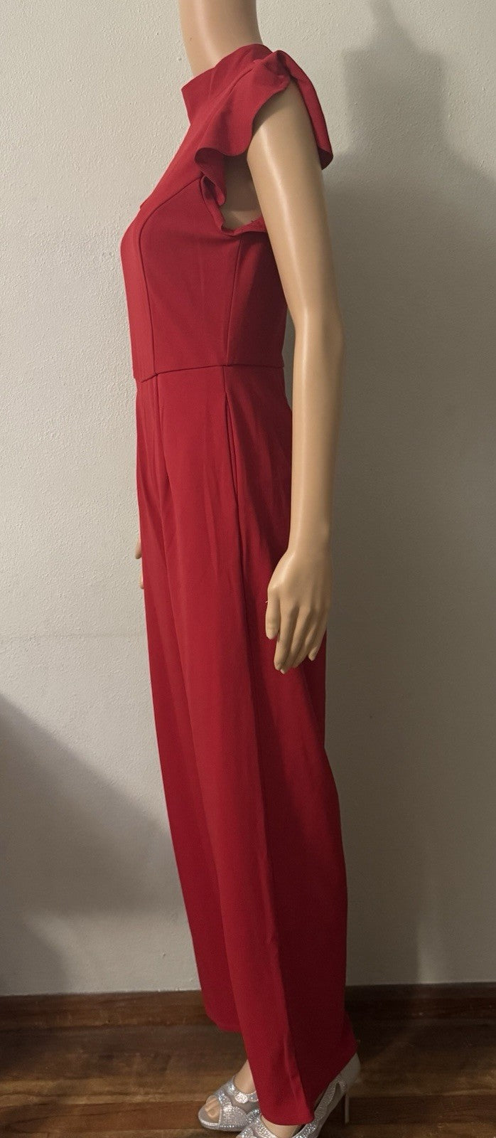 Francesca's Blue Rain Red Mock Neck Ruffle Jumpsuit Small Flaw