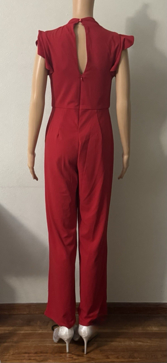 Francesca's Blue Rain Red Mock Neck Ruffle Jumpsuit Small Flaw
