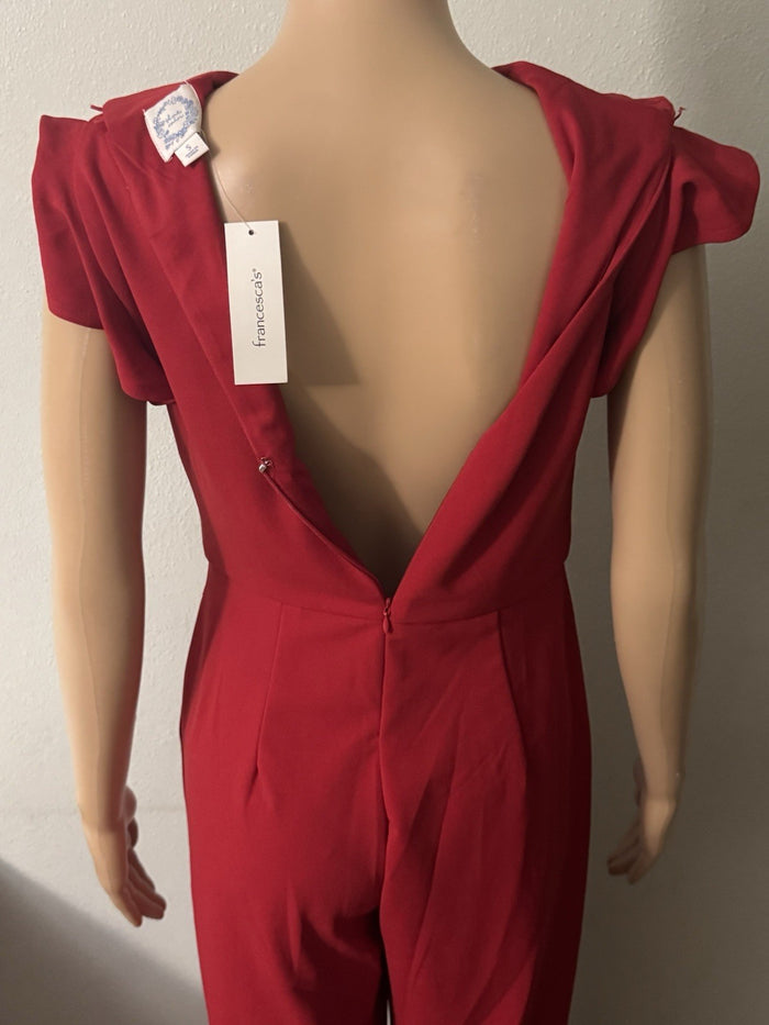 Francesca's Blue Rain Red Mock Neck Ruffle Jumpsuit Small Flaw