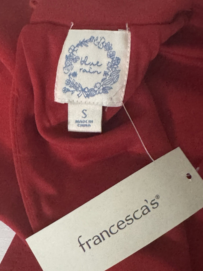 Francesca's Blue Rain Red Mock Neck Ruffle Jumpsuit Small Flaw