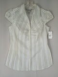 Fred David Stretch Womens Small Striped Shirt Blouse White Green Fast Ship