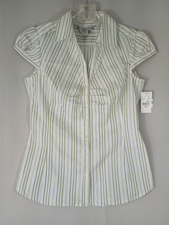 Fred David Stretch Womens Small Striped Shirt Blouse White Green Fast Ship