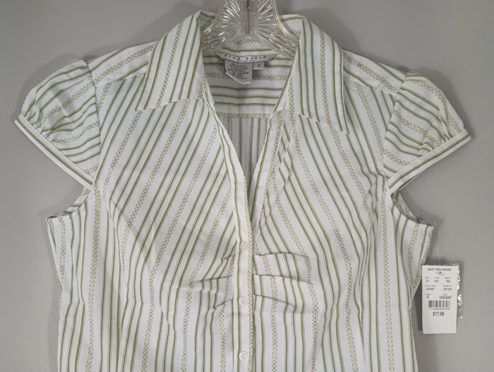 Fred David Stretch Womens Small Striped Shirt Blouse White Green Fast Ship