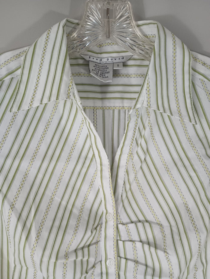 Fred David Stretch Womens Small Striped Shirt Blouse White Green Fast Ship