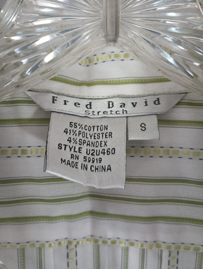 Fred David Stretch Womens Small Striped Shirt Blouse White Green Fast Ship