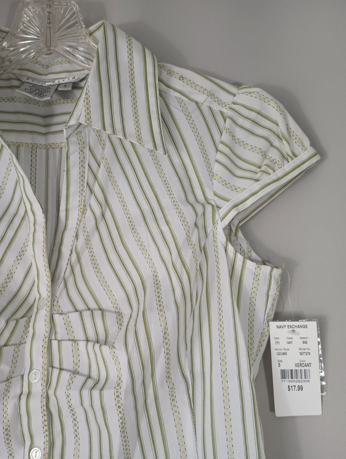 Fred David Stretch Womens Small Striped Shirt Blouse White Green Fast Ship