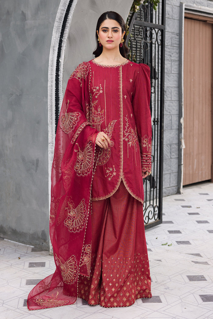 NAQSHI Gajra red cotton massuri short shirt with sharara and organza dupatta embroidered festive ready to wear outfit