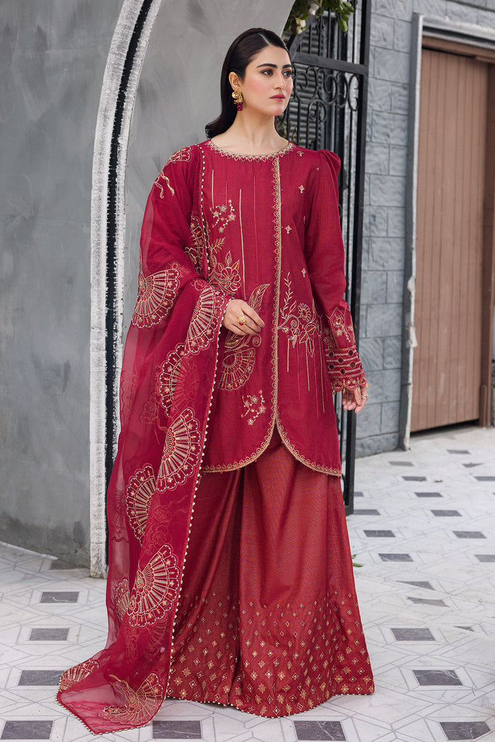 Full view of Gajra red embroidered short shirt and sharara set with flowing organza dupatta