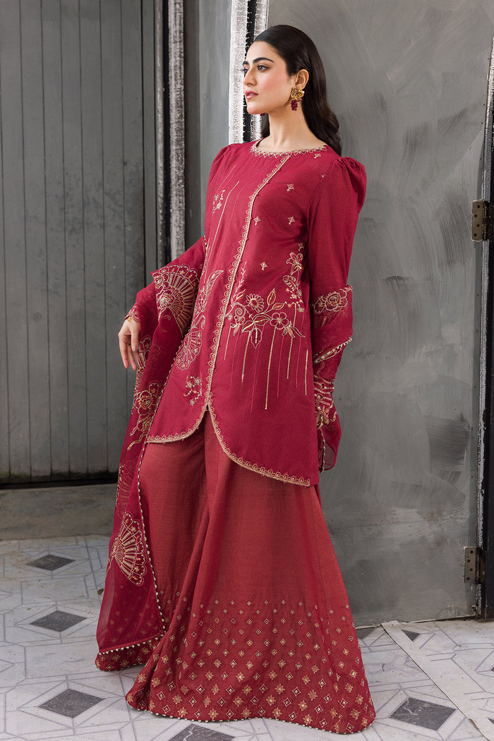 Three quarter angle of Gajra festive red outfit highlighting dupatta border and sleeve embroidery