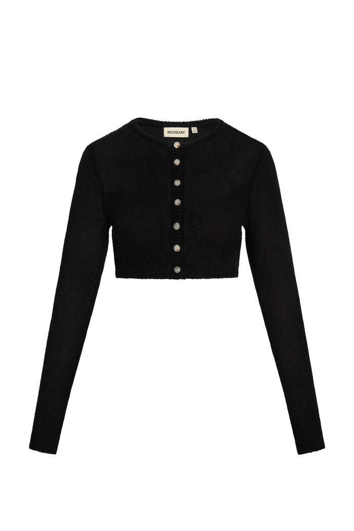 Black cropped cardigan with long sleeves and front pearl buttons; label reads MONDAY