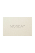 Straight-on view of Monday Swimwear gift card showing embossed "MONDAY" on a textured beige card with white background
