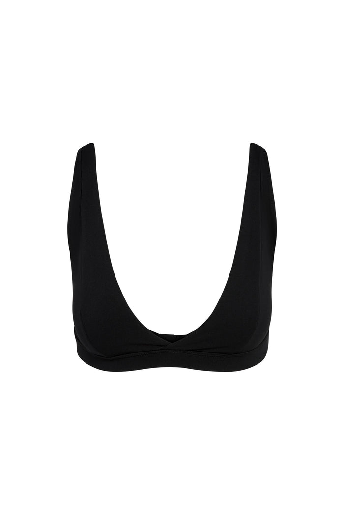 Black scoop-front bikini top with deep U neckline and wide shoulder straps