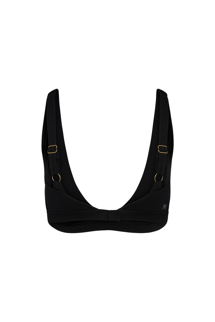 Black adjustable bikini top with deep U-shaped front, gold strap hardware and small M logo on lower right