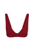 Front view of Glacier Bra in Cherry showcasing twist-front V-neckline, wide adjustable straps, and underband on white background