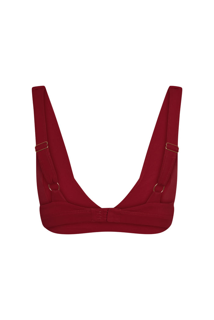 Back view of Glacier Bra in Cherry showcasing adjustable over-the-shoulder straps and three-hook back closure on white background