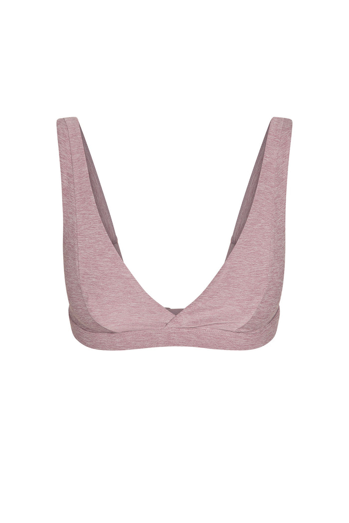 Front view of Glacier Bra in Heather Mauve showcasing deep V neckline and wide shoulder straps on white background