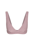 Front view of Glacier Bra in Heather Mauve showcasing deep V neckline and wide shoulder straps on white background