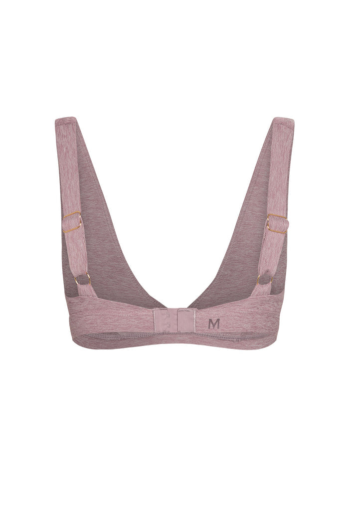 Back view of heathered rose bralette with adjustable straps, hook-and-eye closure and printed M size on band