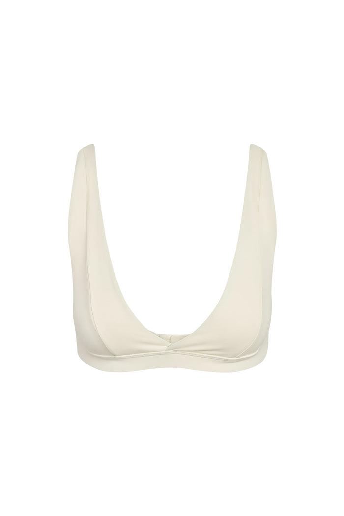 Ivory twist-front plunge bikini top with deep scoop neckline