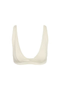 Ivory twist-front plunge bikini top with deep scoop neckline