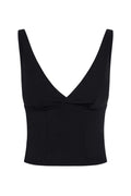 Black sleeveless V-neck crop top with crossed front seam and wide shoulder straps