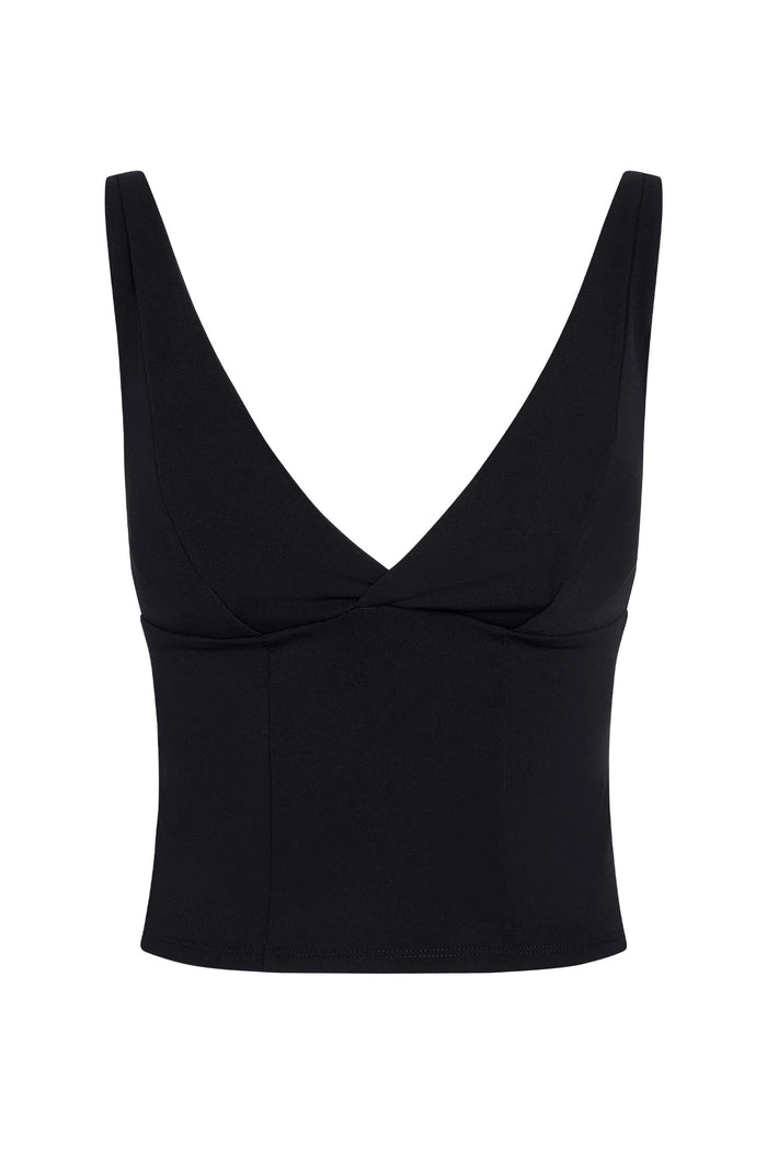 Black sleeveless V-neck crop top with crossed front seam and wide shoulder straps