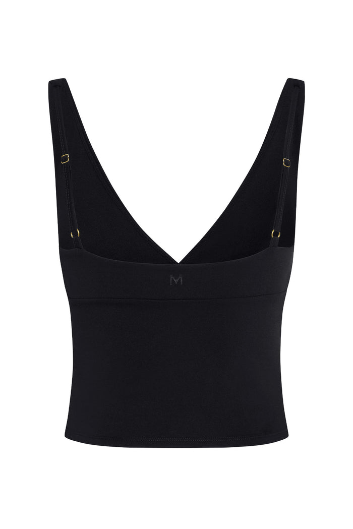 Black V-back cropped camisole with adjustable straps and small M logo on the front band