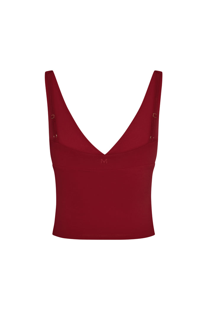 Back view of Glacier Tank in cherry showcasing deep V-back and adjustable over-the-shoulder straps on a white background