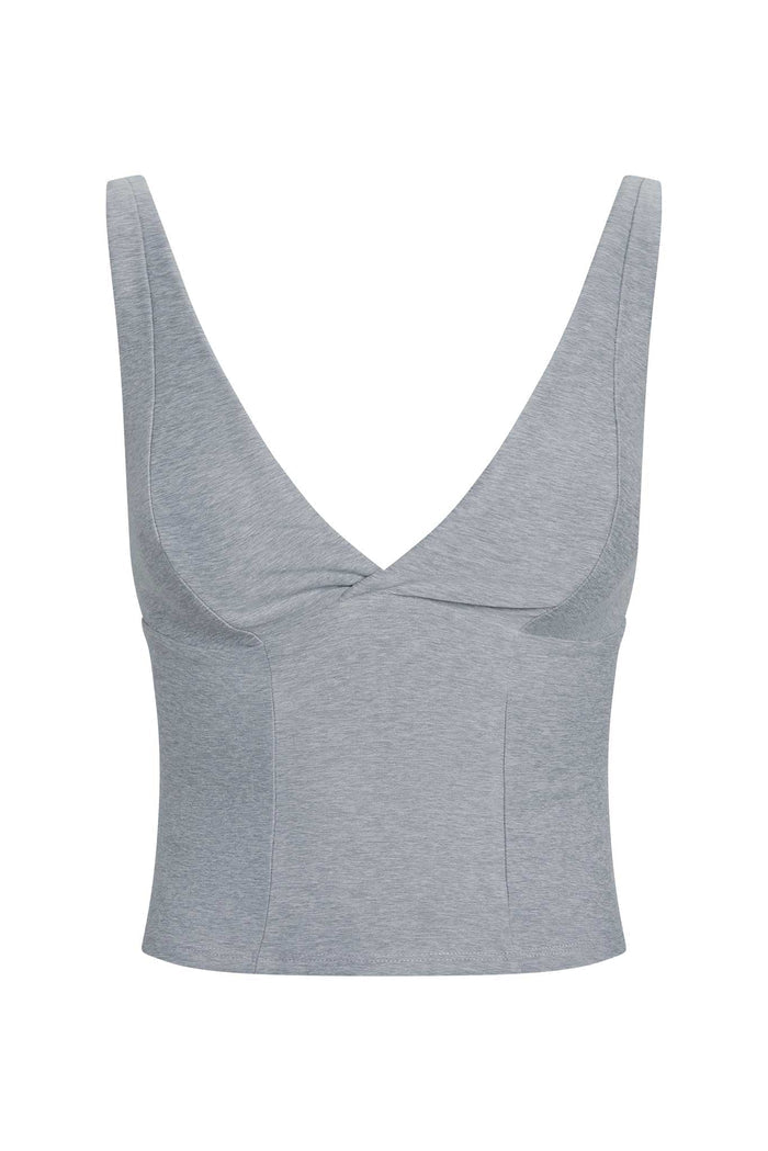 Front view of Glacier Tank in heather grey with deep V-neck, wide adjustable straps, contoured seams, and cropped fit
