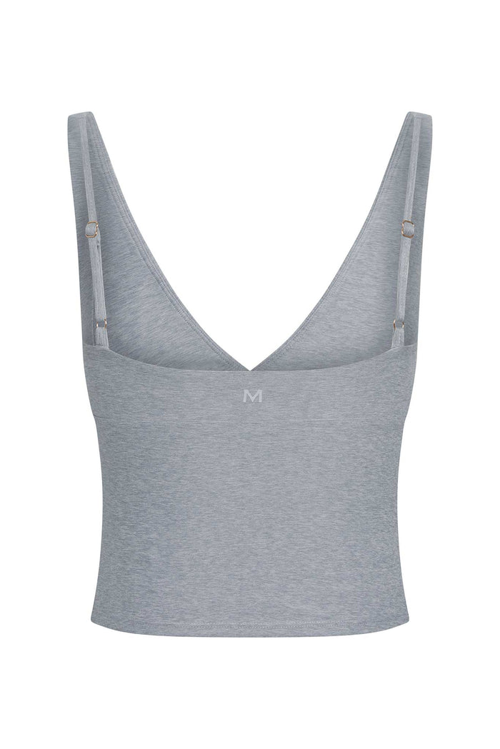 Front view of Glacier Tank in heather grey showcasing V-neck, adjustable shoulder straps, and smooth heathered fabric on white background