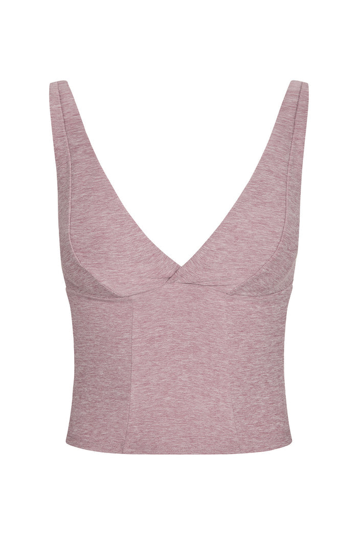 Front view of Glacier Tank in Heather Mauve showcasing deep V-neck, wide straps and cropped heathered fabric on white background