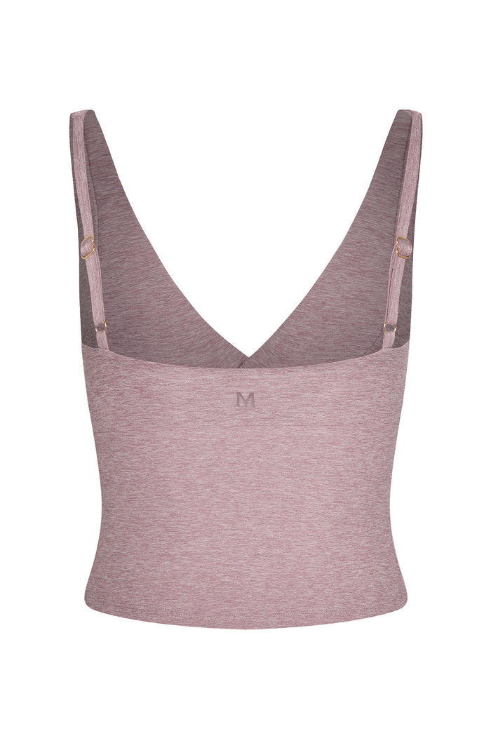 Back view of Glacier Tank in Heather Mauve showcasing V-back, adjustable straps and centered M logo on white background