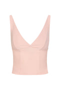 Front view of Glacier Tank in Heather Powder Pink — deep V-neck, crossover bust seam, wide adjustable straps