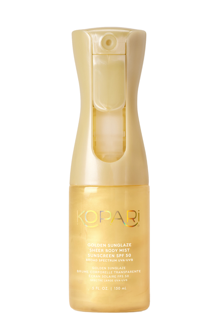Front view of Kopari Golden Sunglaze Sheer Body Mist SPF 50, trigger spray mister and gold 5 fl oz bottle on white background