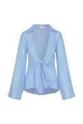 Front view of Grenada Tunic in Sky crinkle linen with deep V, front tie, long sleeves on white background