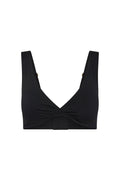 Front view of Griffith Bra in black showcasing twist-front V-neckline, wide adjustable straps and center-front closure on white background