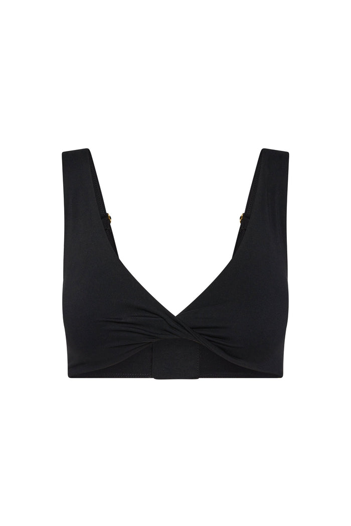 Front view of Griffith Bra in black showcasing twist-front V-neckline, wide adjustable straps and center-front closure on white background