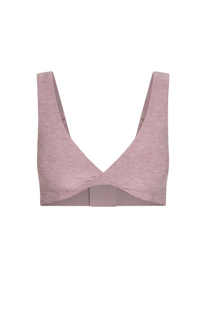 Front view of Griffith Bra in Heather Mauve showcasing crossover V-front, wide straps and wireless support on white background