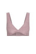 Front view of Griffith Bra in Heather Mauve showcasing crossover V-front, wide straps and wireless support on white background