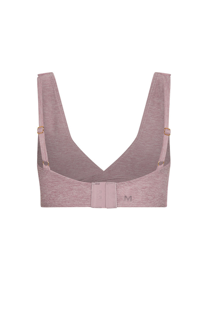 Dusty pink heathered V-back wireless bra with adjustable straps, center back hook-and-eye and 'M' on band.