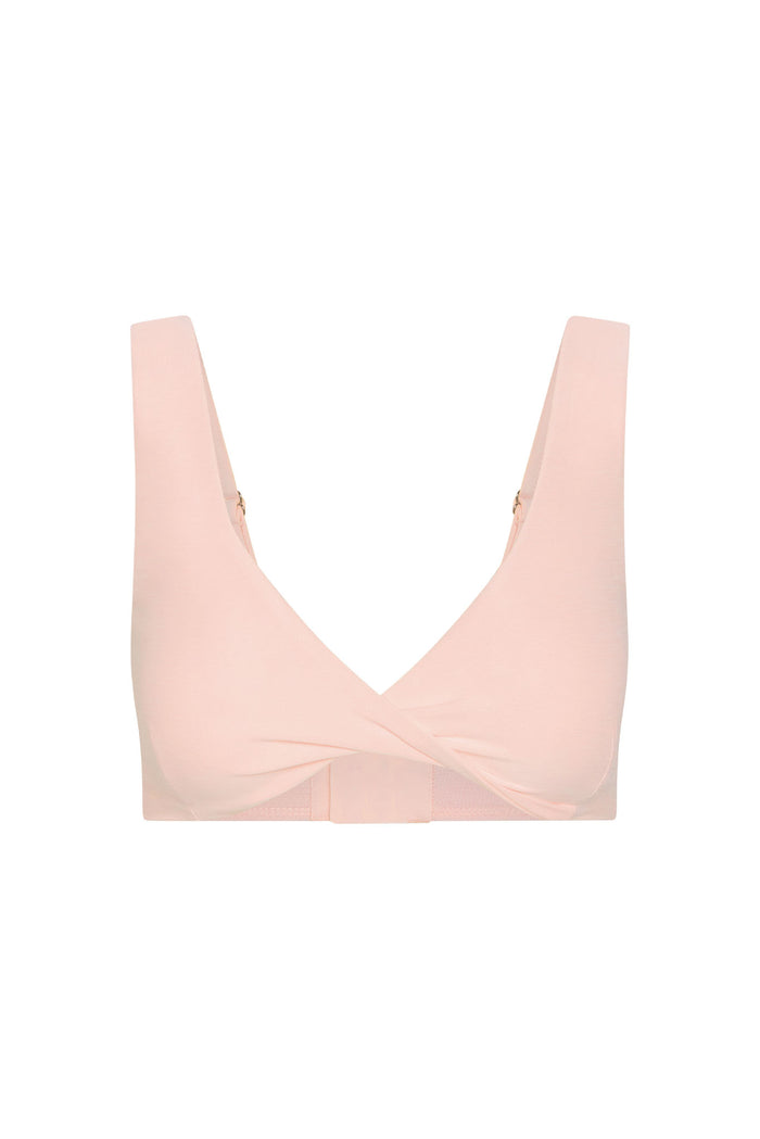 Front view of Griffith Bra in Heather Powder Pink showing twist-front detail, wide adjustable straps and 3-hook back closure