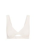 Front view of Griffith Bra in ivory showing twist-front V-neck, wide straps, wireless soft cups, hook-and-eye back on white