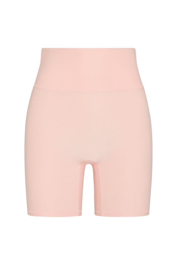 Front of Griffith Short in Heather Powder Pink showing high waist with doubled waistband and front pocket detail on white background