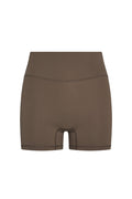 Front view of Griffith Short in Stone Jersey showcasing high waist, doubled waistband, front pocket and gusset on white background