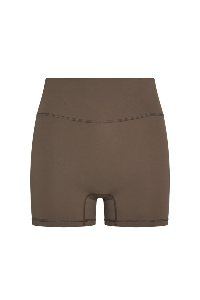 Front view of Griffith Short in Stone Jersey showcasing high waist, doubled waistband, front pocket and gusset on white background
