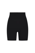 Front view of Griffith Short 6.25-inch in black showcasing high-rise waistband and mid-thigh biker length on white background
