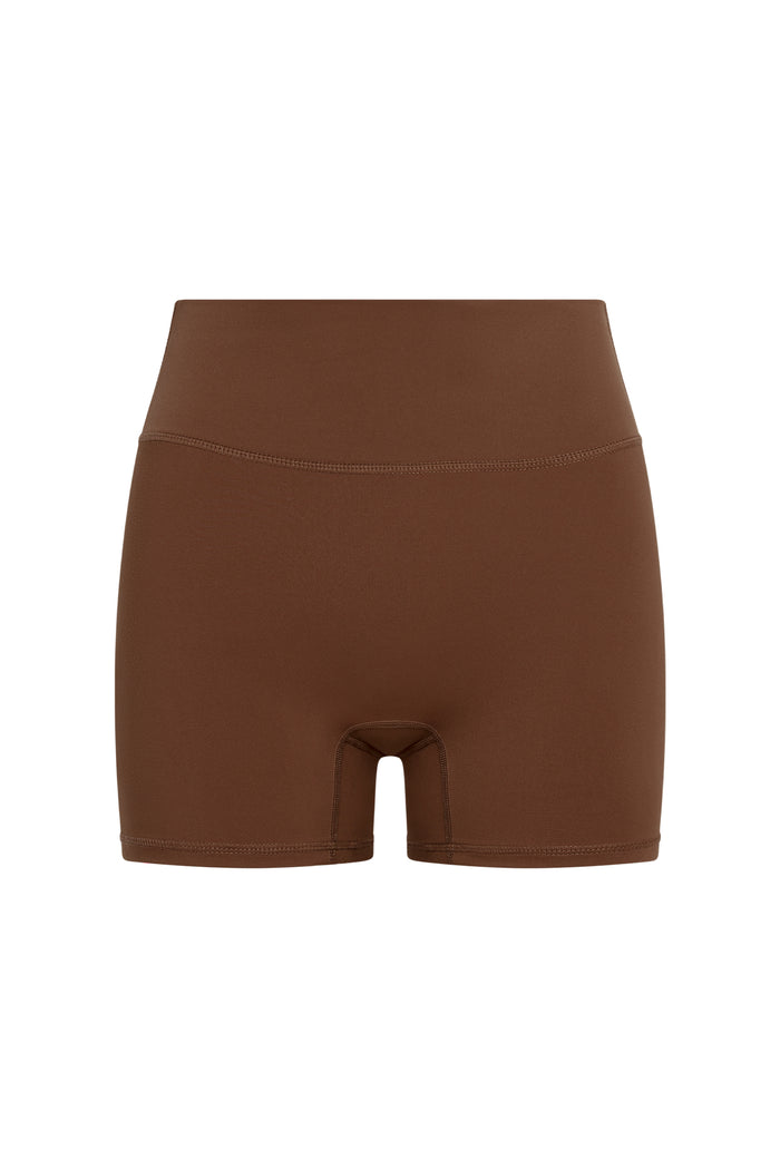 Front view of Griffith Short 6.25 inch in Cliffside brown showing high-rise waist and BodyLine Soft fabric